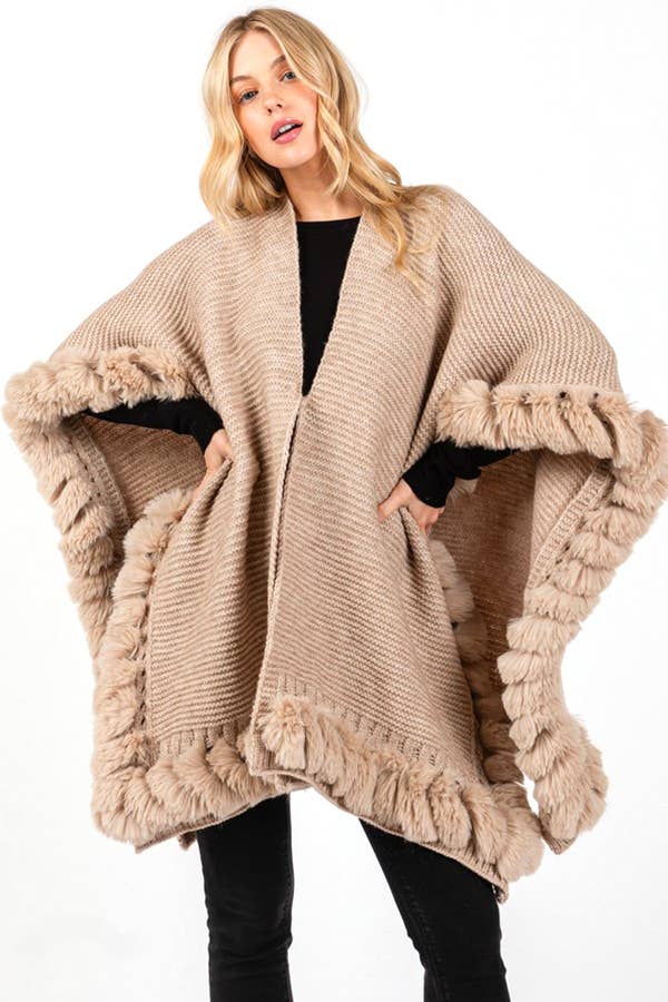 Artini Accessories – wholesale Cape – Women's – Faux Fur Trim Winter Cape Cardigan1