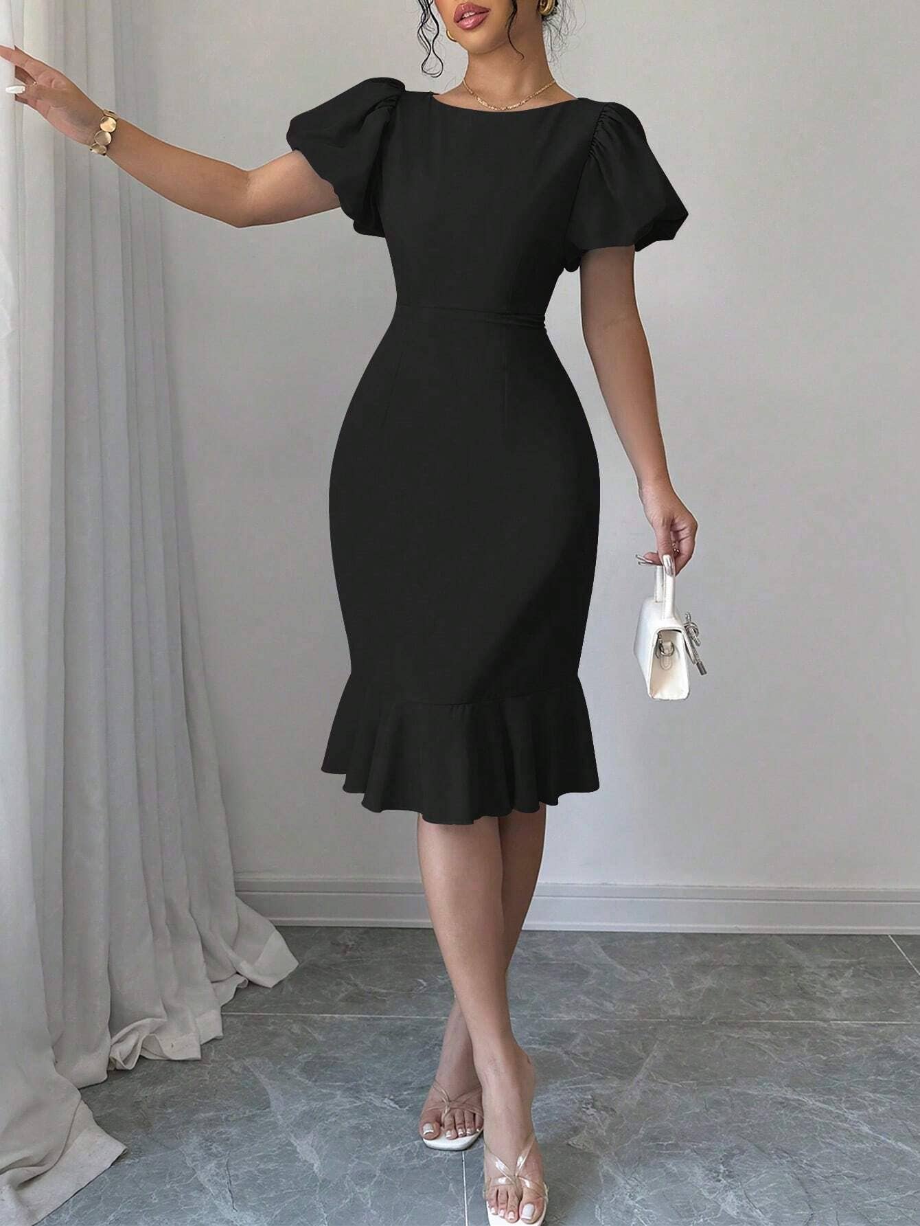 UNISHE - Vendita all'ingrosso Vestito - Donna - Abito a sirena con maniche a lanterna sexy e volant GSS13017