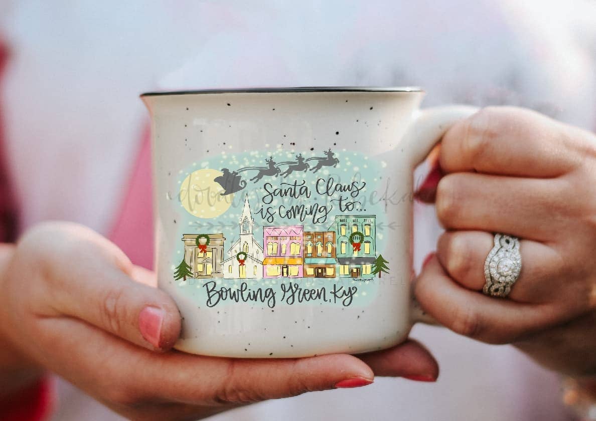 Doodles By Rebekah – wholesale Coffee mug – Santa Claus is Coming to Custom Town Camper Mug