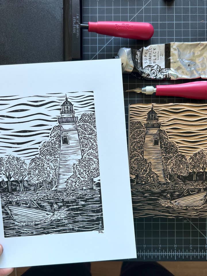 Marblehead Lighthouse, Ohio Linoleum Print for wholesale by KatieMcKDesigns