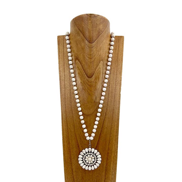 NKZ230924-02 34 inches 10mm white stone beads with big white stone concho Necklace for wholesale by Western Elite Jewelry