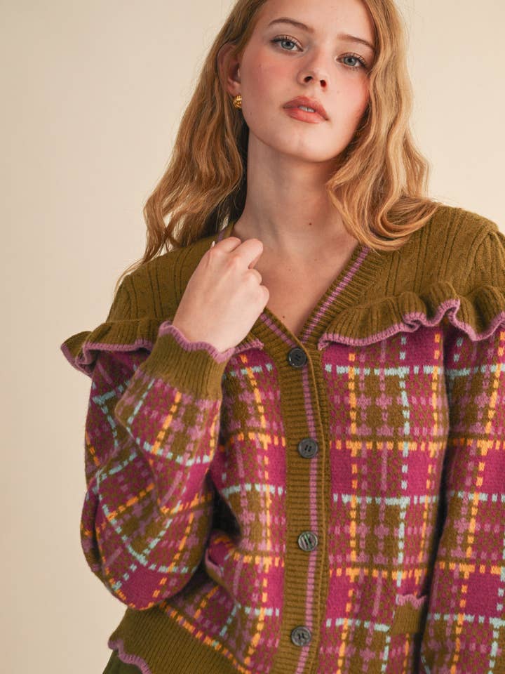 &MERCI - Wholesale Cardigan - Women's - RUFFLED YOKE PLAID SWEATER CARDIGAN MSW1118529