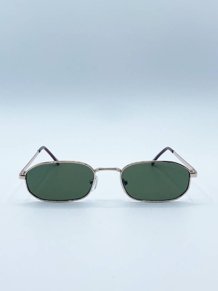 Slim Oval Metal Frame Sunglasses In Silver Khaki for wholesale by AFA COLLECTIVE