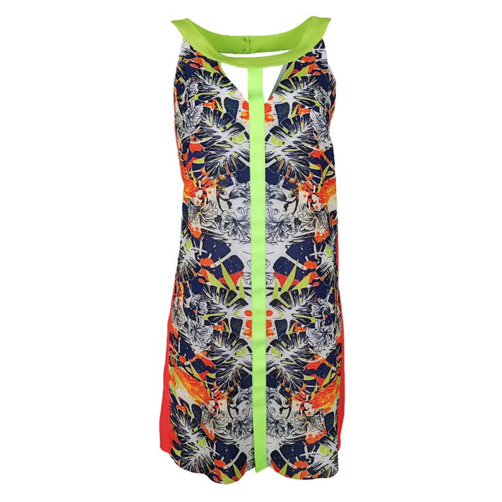 Ärmelloses Digitaldruck-Kleid mit grünem Neonstreifen für den Großhandel von Lalipop Design