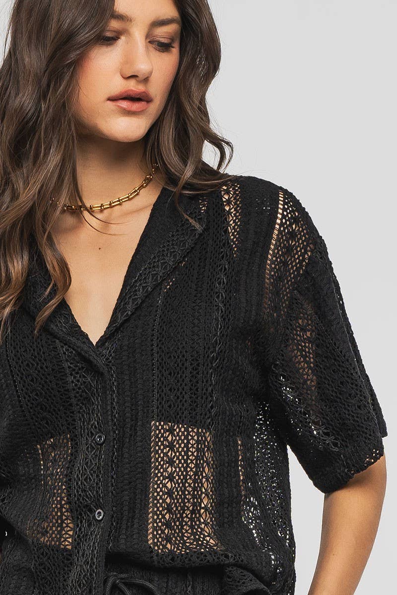 Urban Daizy - Wholesale Button Down Shirt - Women's - Open Knit Button-Down Oversized Shirt0