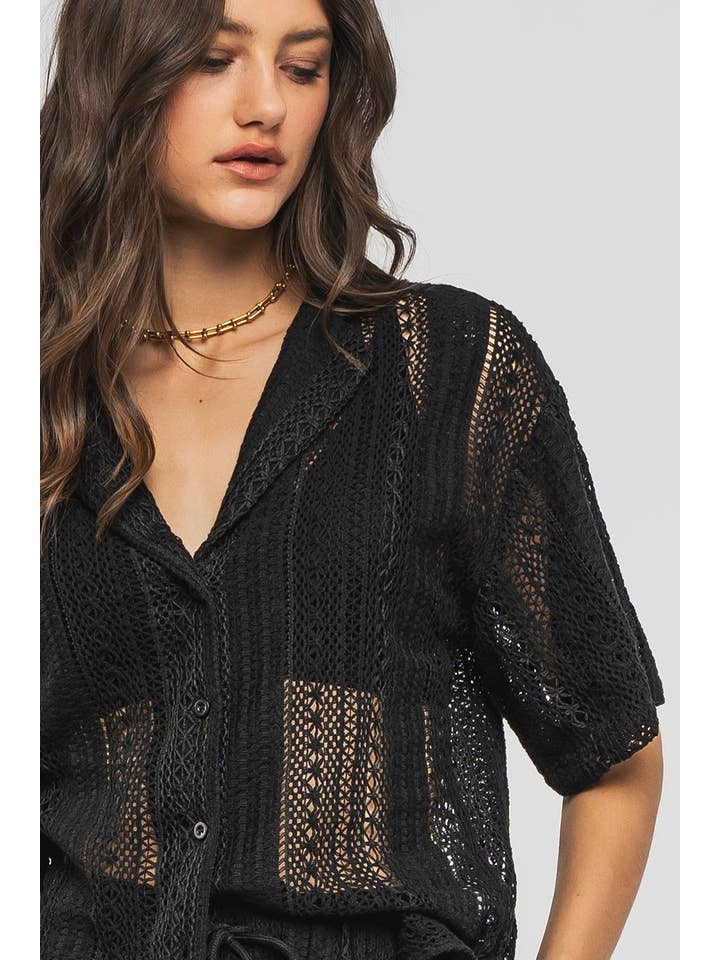 Urban Daizy - Wholesale Button Down Shirt - Women's - Open Knit Button-Down Oversized Shirt