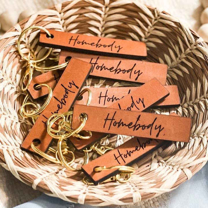 Homebody Leather Bar Keychain for wholesale by The Joyful Bee Co