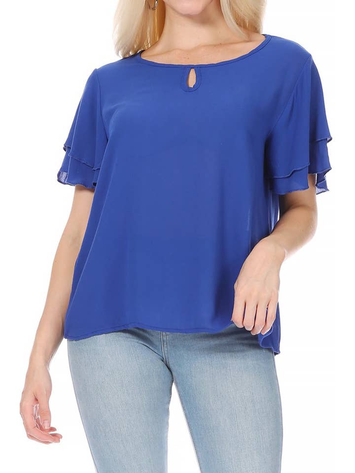 MOA COLLECTION - Wholesale Blouse - Women's - Casual Solid Flowy Short Flutter Sleeve Key Hole Blouse24