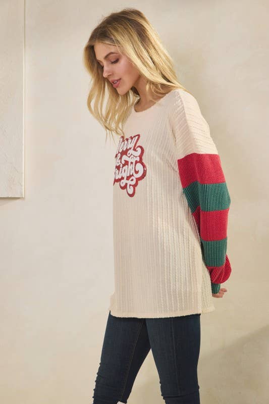 NATURALE ET7998-11 MAGLIA FESTIVA CON MANICHE A BLOCCHI DI COLORE E PATCH DI PAILLETTES in vendita all'ingrosso su Faire6