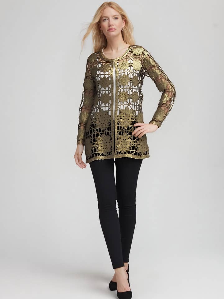 Soutache Long Coverup with Gold foil print (Gold/Army Green) for wholesale on Faire1