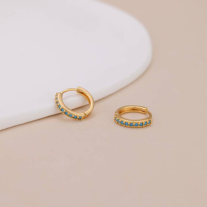 Melange Blanc - Wholesale Huggie Earrings - E138 Paved turquoise huggie hoop earrings, gold hoops5