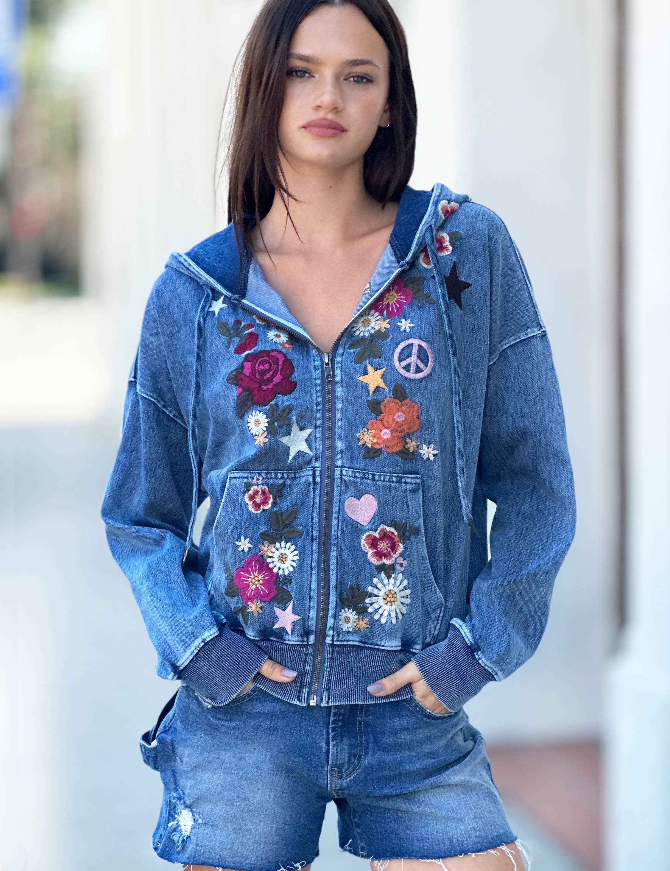 Denim Camp Happy Hoodie for wholesale on Faire2