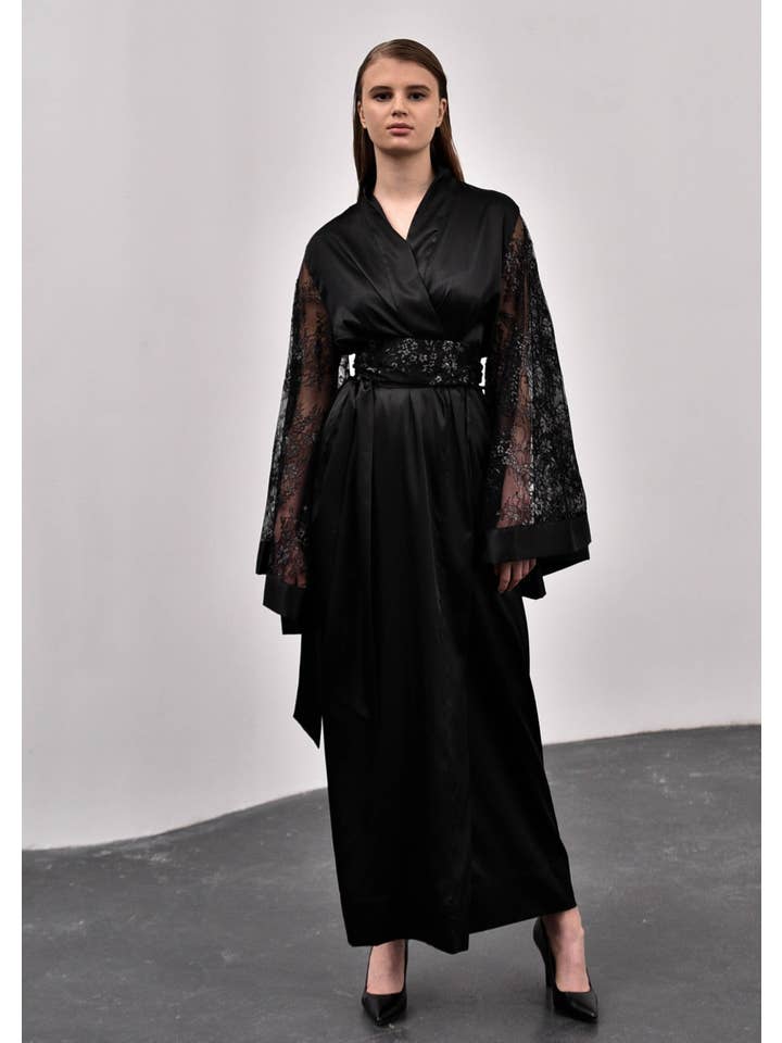 Seduced Black Silky Lace Kimono Robe for wholesale on Faire1