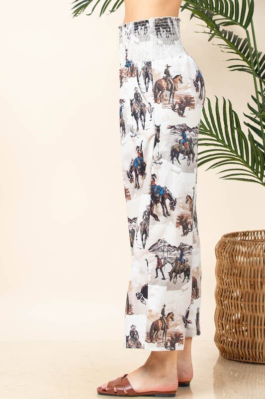 Khaki Multi AV1243-LEO WESTERN PRINT ELASTIC SMOCK WAIST WOVEN PANTS for wholesale on Faire8