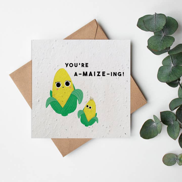 SQ Seed Paper Greeting Card - Fruit & Veg - A-maize-ing for wholesale by Little Green Paper Shop