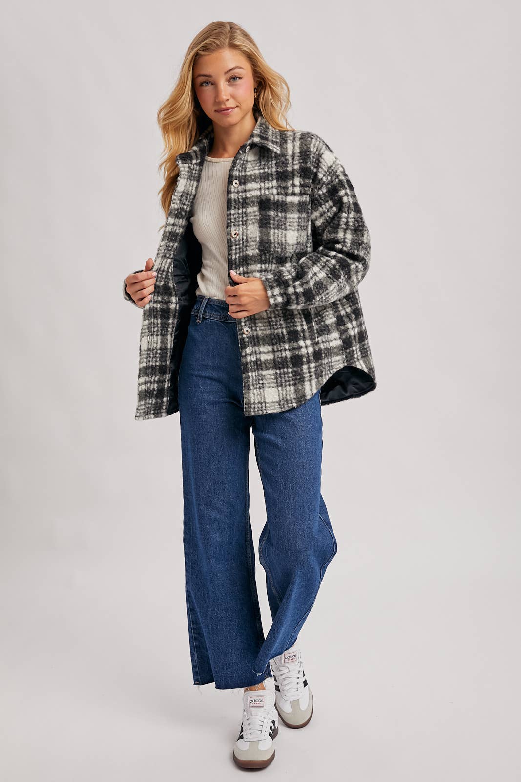 Bluivy - Wholesale Shirt Jacket/Shacket - Women's - BUTTON DOWN BOUCLE PLAID SHACKET WITH POCKETS9