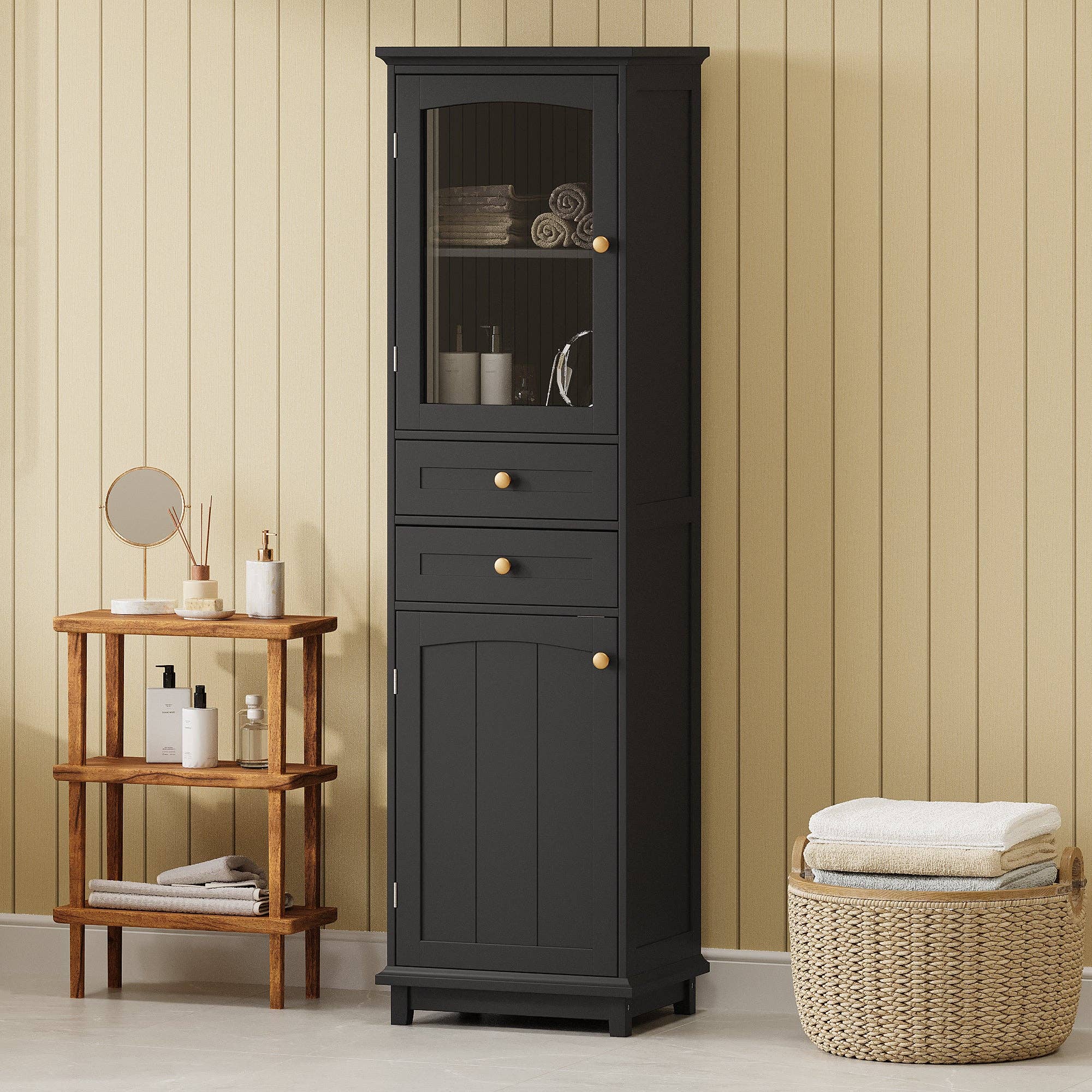 Orange County Decor - Wholesale Cabinet - 63" Tall Bathroom Storage Cabinet With Glass Doors, Free Standing, Two Drawers, And Adjustable Shelves, Mdf Board, Painted Black Perfect For Displaying Your Favorite Items 2 Black 2 4 Adjustable1