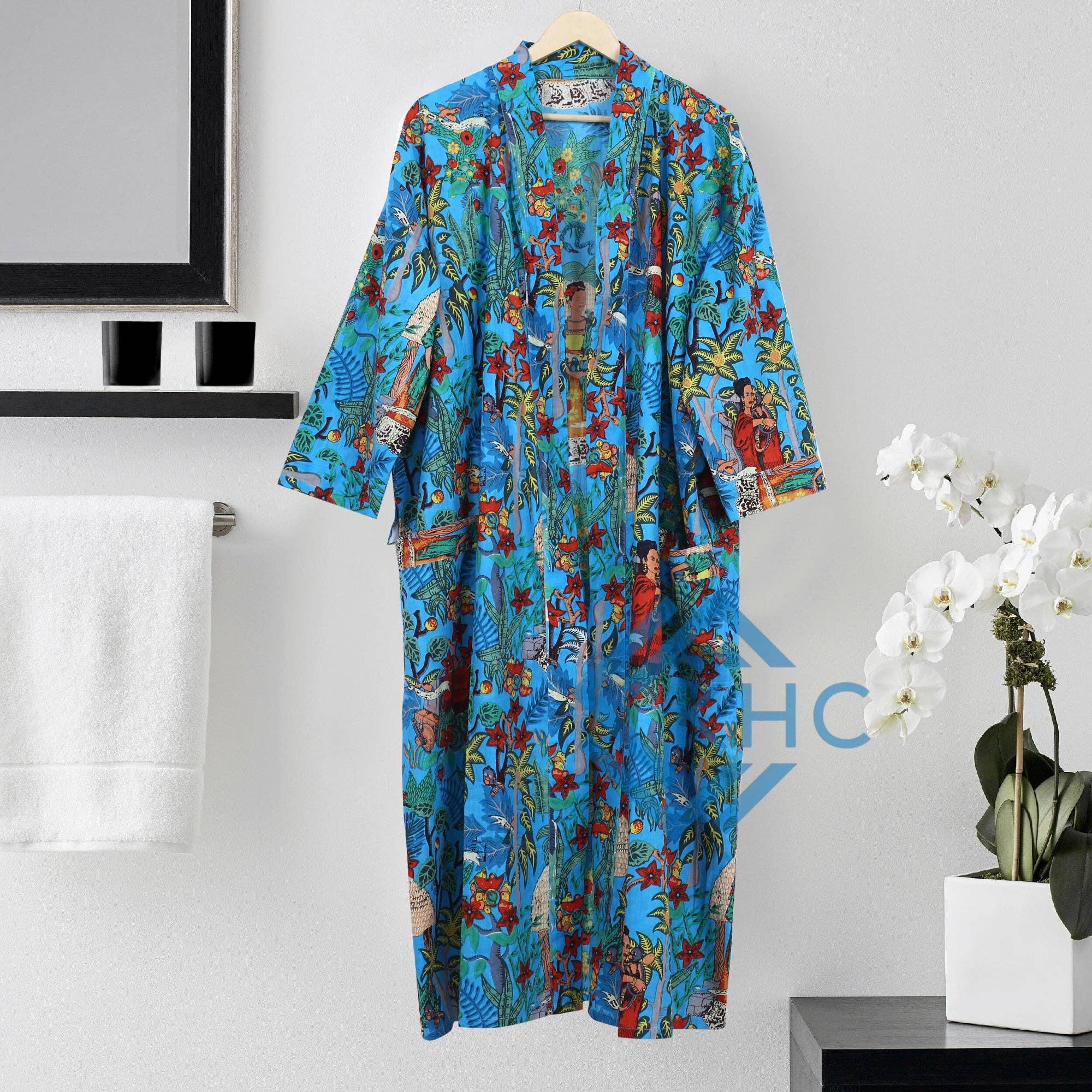 KHC - Vente Peignoir – femme - Robe longue kimono 100 % coton pour femme imprimé bleu peignoir3