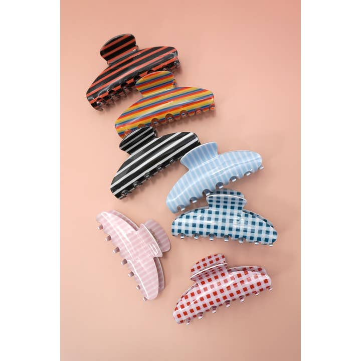 JOSSLYN by wall to wall - Wholesale Hair Clip - Women's - JUMBO STRIPE PLAID OVAL HAIR CLAW CLIPS | 40H10208