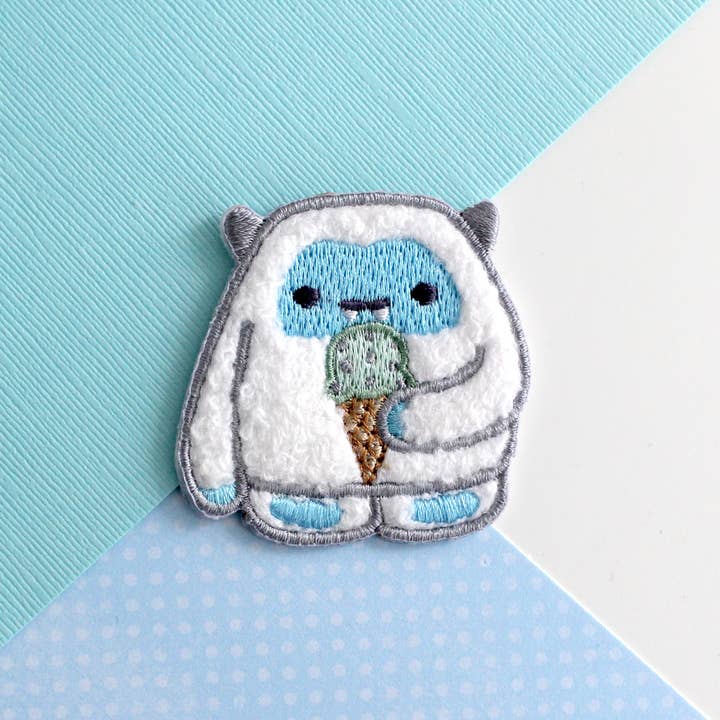 Yeti eating Ice Cream Chenille Iron On Patch. Christmas Gift for wholesale by Wild Whimsy Woolies