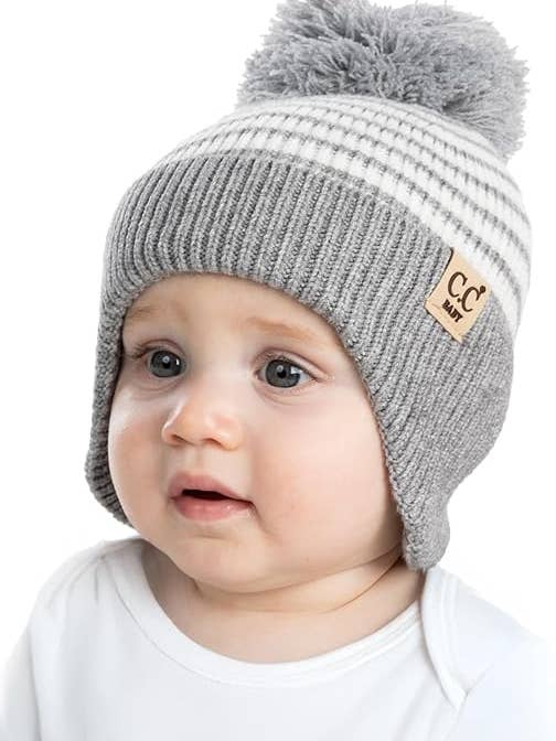 Gorro infantil con forma de pompón con solapa para orejas, color gris y blanco para venta al por mayor de Funky Junque