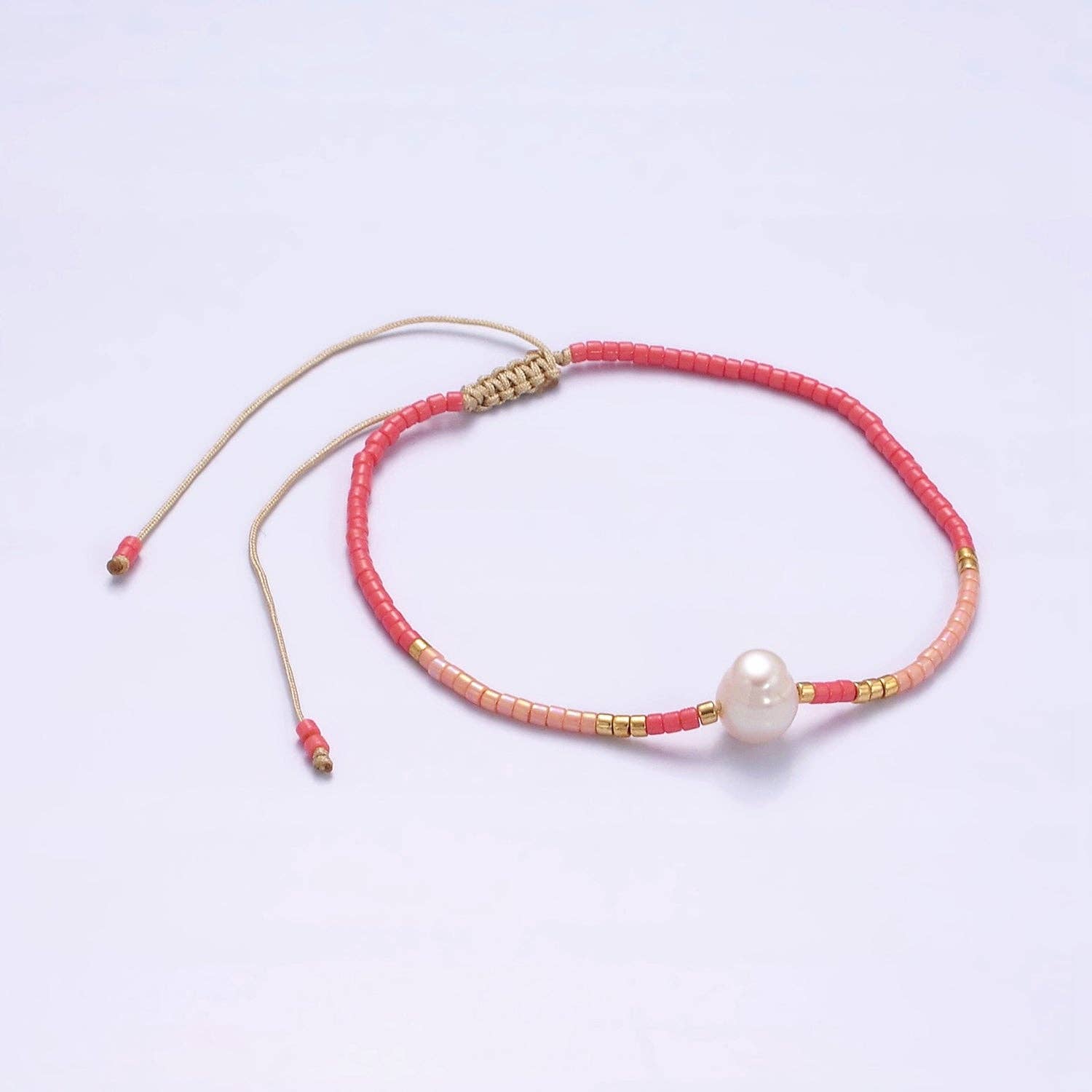 Aim Eternal - Wholesale Beaded Bracelet - Dainty Shell Pearl Cord Bracelet Barbiecore Pink Gold Cylinder Beaded Adjustable Bracelet WA-21770