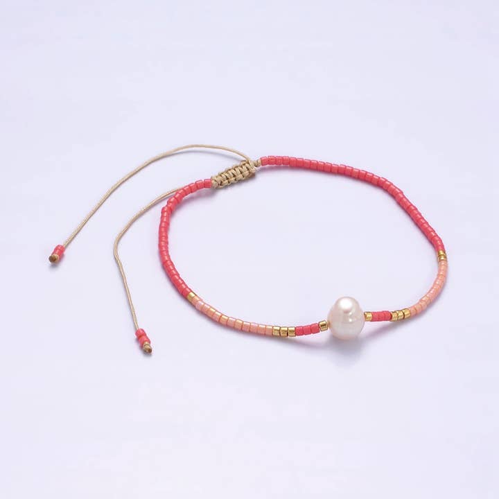 Aim Eternal - Wholesale Beaded Bracelet - Dainty Shell Pearl Cord Bracelet Barbiecore Pink Gold Cylinder Beaded Adjustable Bracelet WA-2177
