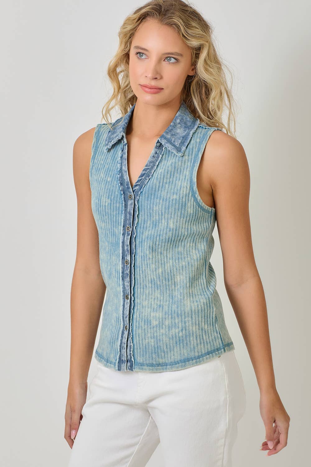 Mystree - Vente Chemise à col boutonné – femme - Haut sans manches à boutons en maille côtelée lavée 6094344