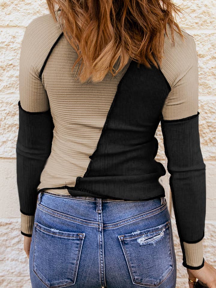 Lovesoft - Wholesale Knit Top - Women's - Irregular Color Block Seaming Trim Rib Knit Top9