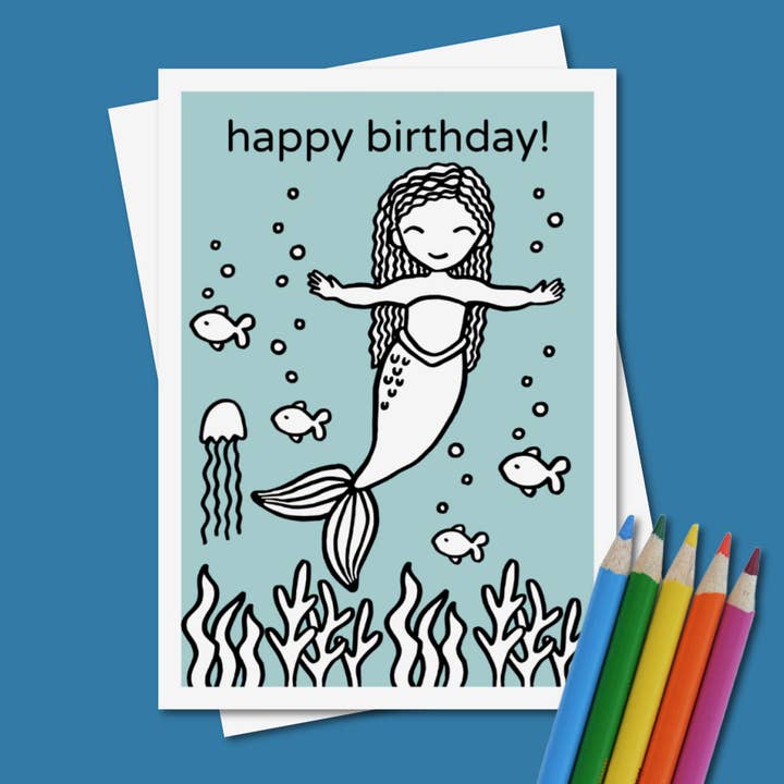 Calamari Inc. - Venta al por mayor Tarjetas de cumpleaños - Tarjeta de cumpleaños para colorear, sirena con pelo rizado1