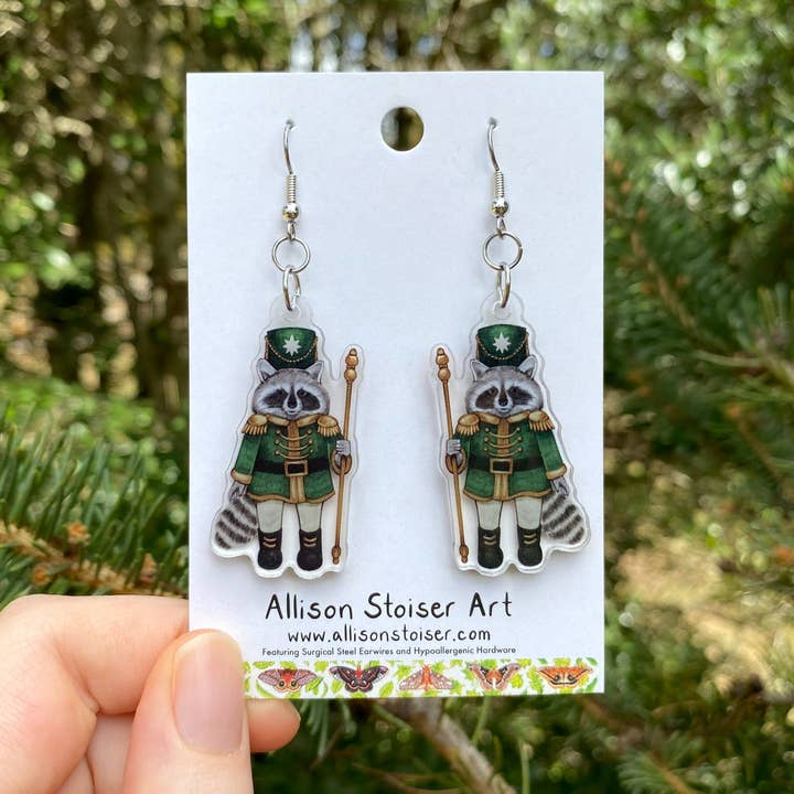 Acrylic Nutcracker Raccoon Earrings for wholesale by Allison Stoiser Art