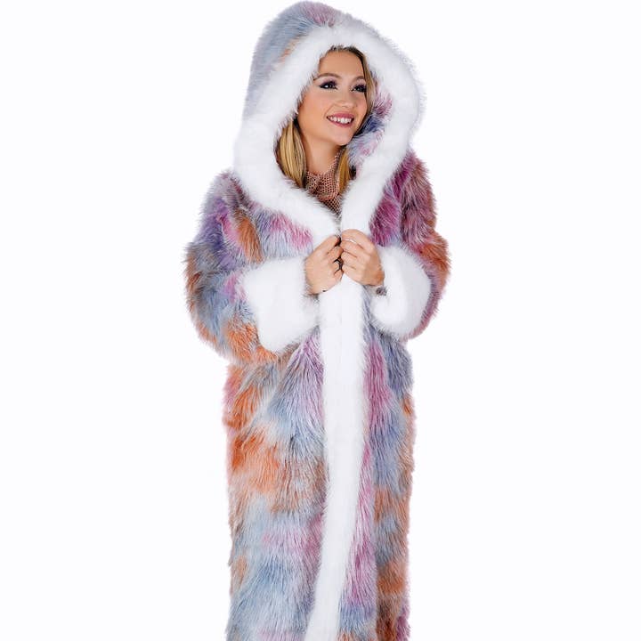 FAUX PELS FARVERIG LANG JAKKE MED HÆTTE for engroshandel hos Western Fashion