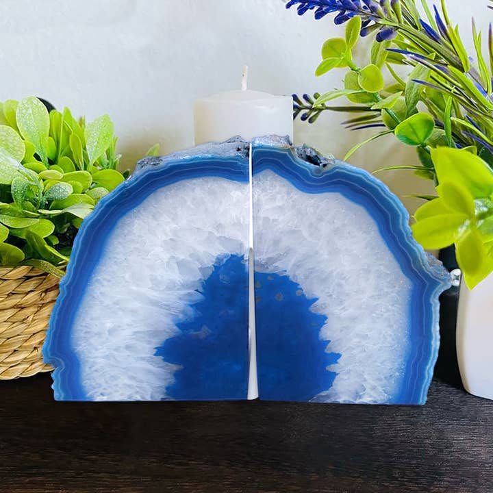GemMartUSA - Wholesale Bookend - Teal Agate Natural Geode Bookend Pair Set Home Decor (BKTL)6