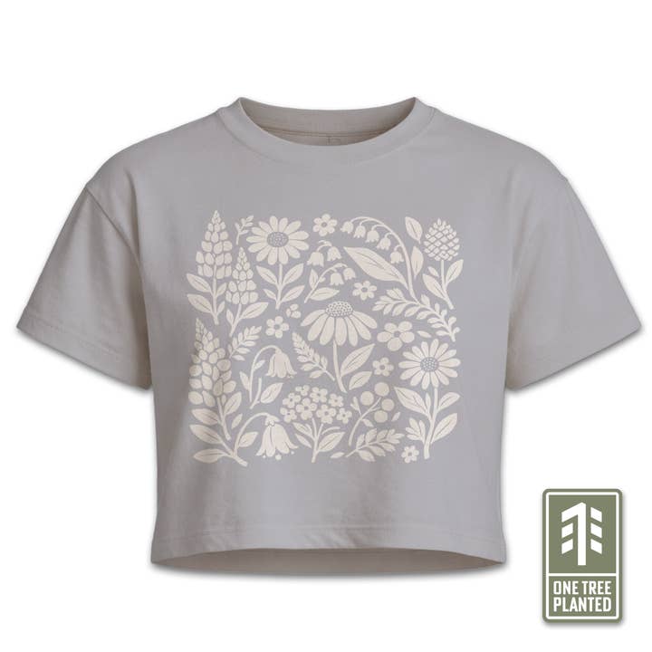 Neutral Wildflower Crop Tee – Minimal Botanical Graphic for wholesale by Symmetree