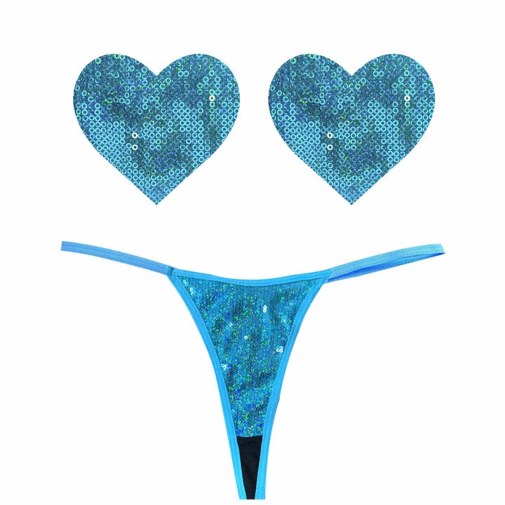Mahi Mahi Blue Sequin Sparkle Pastie and Pantie Lingerie Set for wholesale by Neva Nude