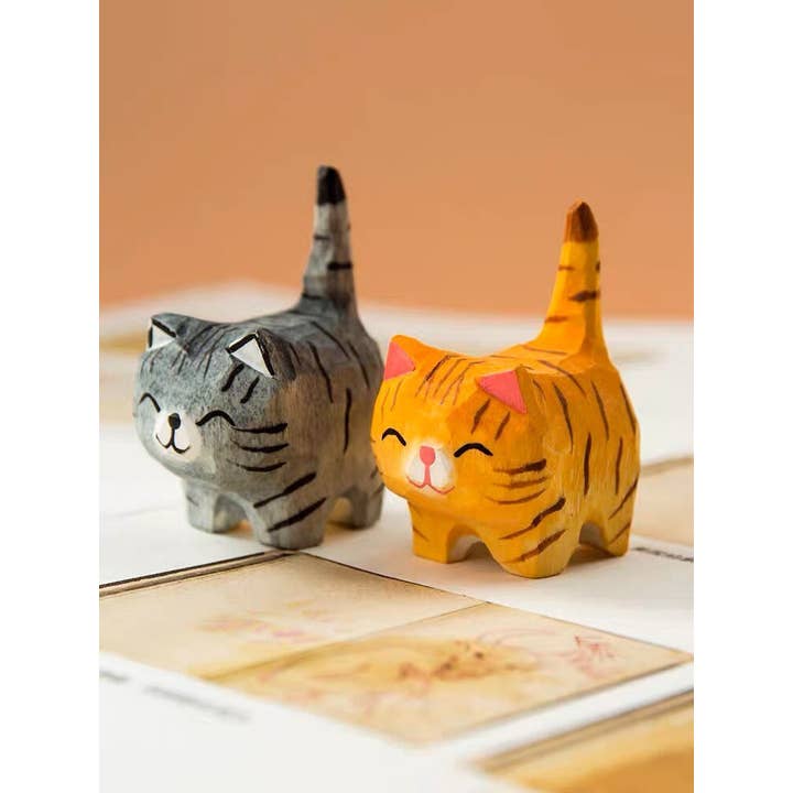 Gohobi (We cover U.S. import duties) - Wholesale Decorative Figurine - Gohobi Hand crafted yellow and grey wooden cat ornaments uni2