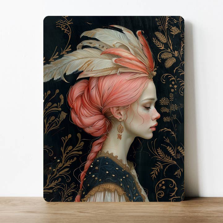 Floral Lady Vintage Pink Feathers Metal Sign Plaque for wholesale by The British Metal Signs Company