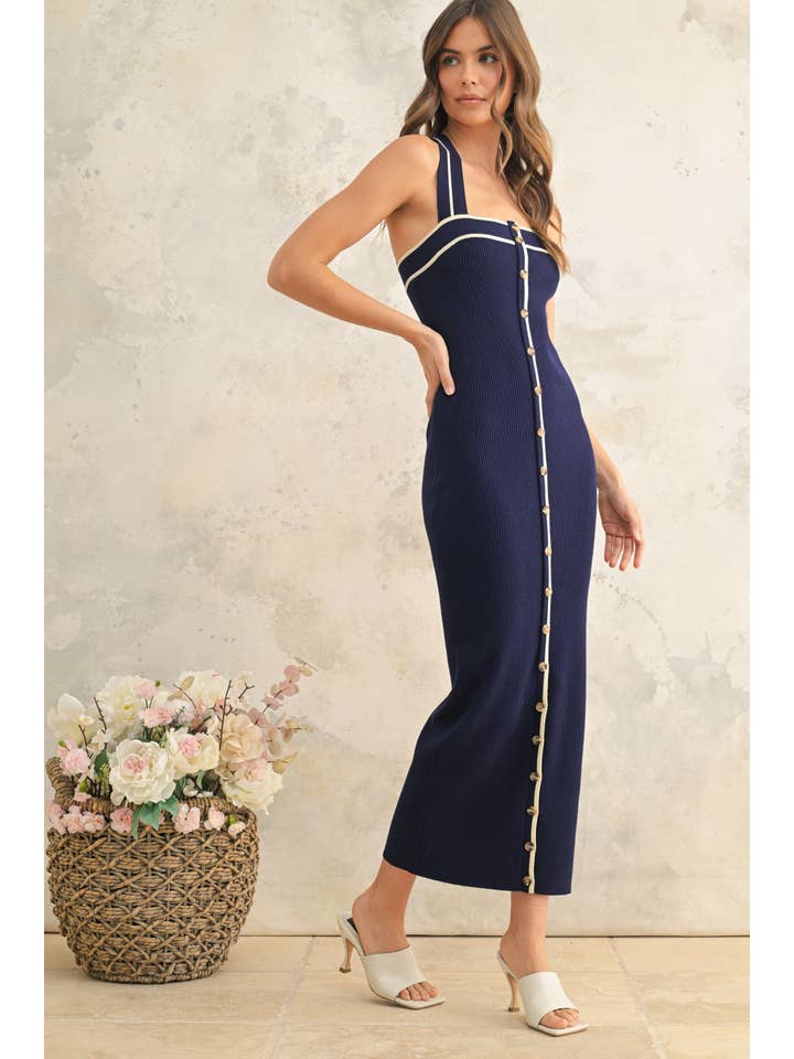 NAVY D4697 BUTTON FRONT CROSS BACK KNITTED DRESS for wholesale on Faire
