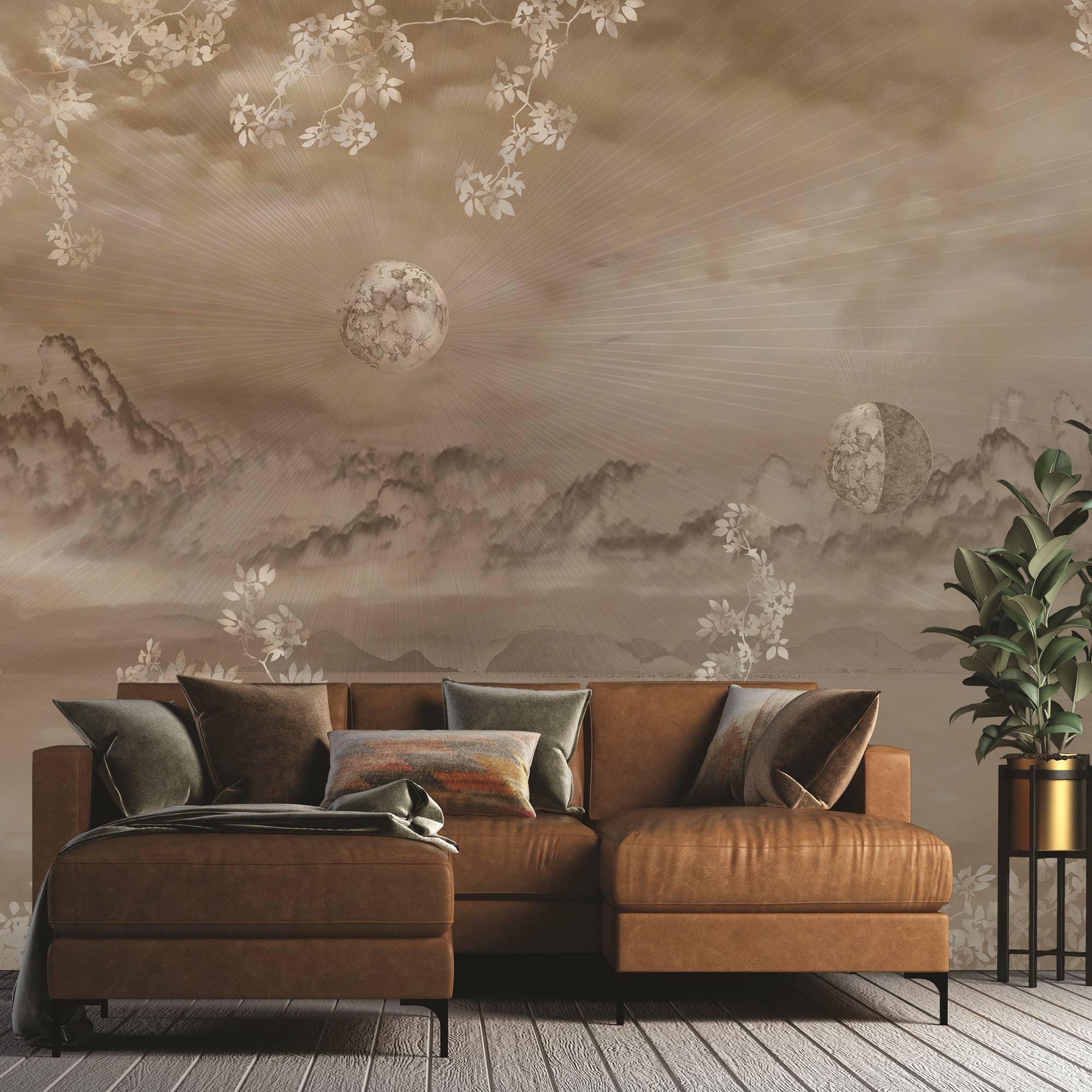 GK Home Decor – wholesale Wallpaper – Celestial Night Sky Wallpaper Mural Golden Foliage Moon4