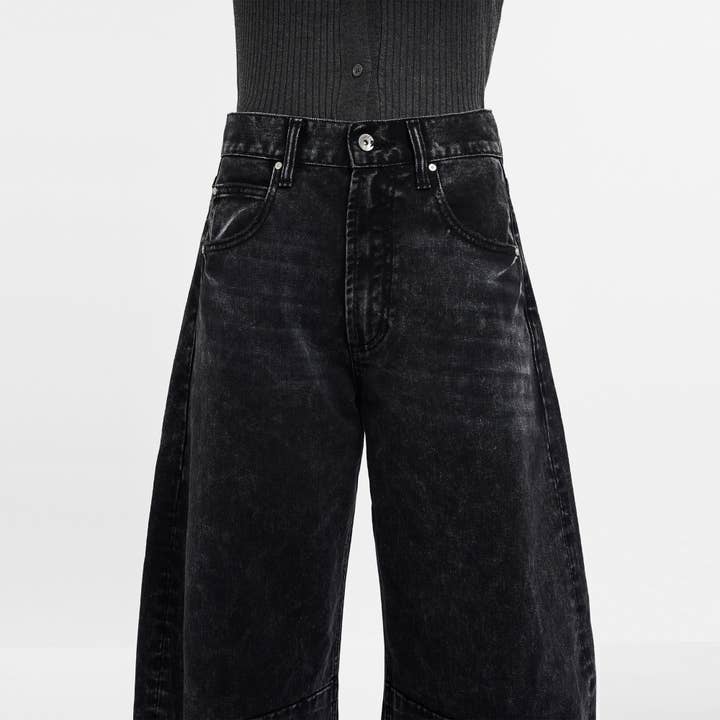BLACK SUPER HIGH RISE TAILORED BARREL JEANS FINISHED HEM BYOX003 for wholesale on Faire