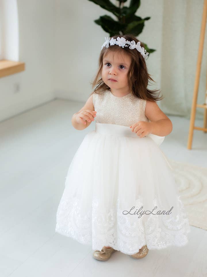 Robe sans manches Amélie pour fille en ivoire avec dentelle pour la vente par Lilyland