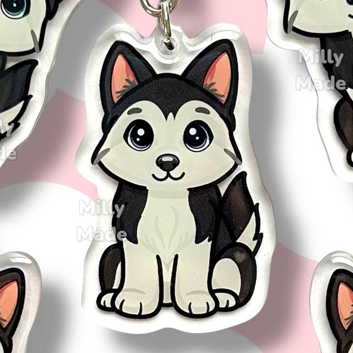 Sort Siberian Husky Akryl Hund Nøglering med Epoxy Resin | Nem-Clip, Sød Hundetegneserie, Håndtegnet Design, Gave til Hundelsker for engroshandel hos Milly Made Designs
