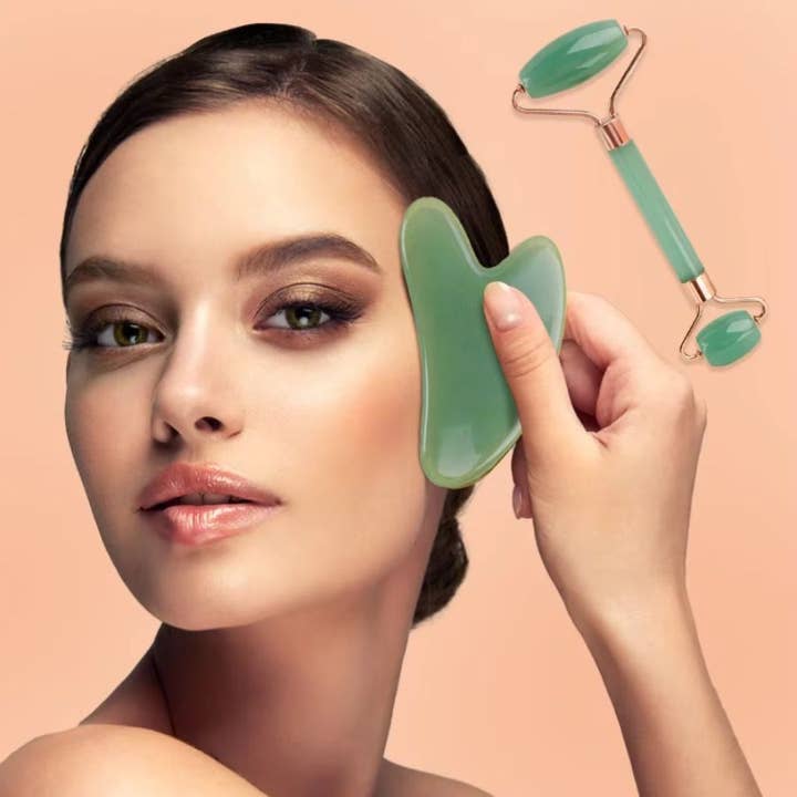 green Gua Sha Board 2PCS Massage Stone for Facial Body Skincare Roller Scraping Massager Natural Resin Facial Lifting Scraper Neck Anti Wrinkle Massager Tool for wholesale on Faire4