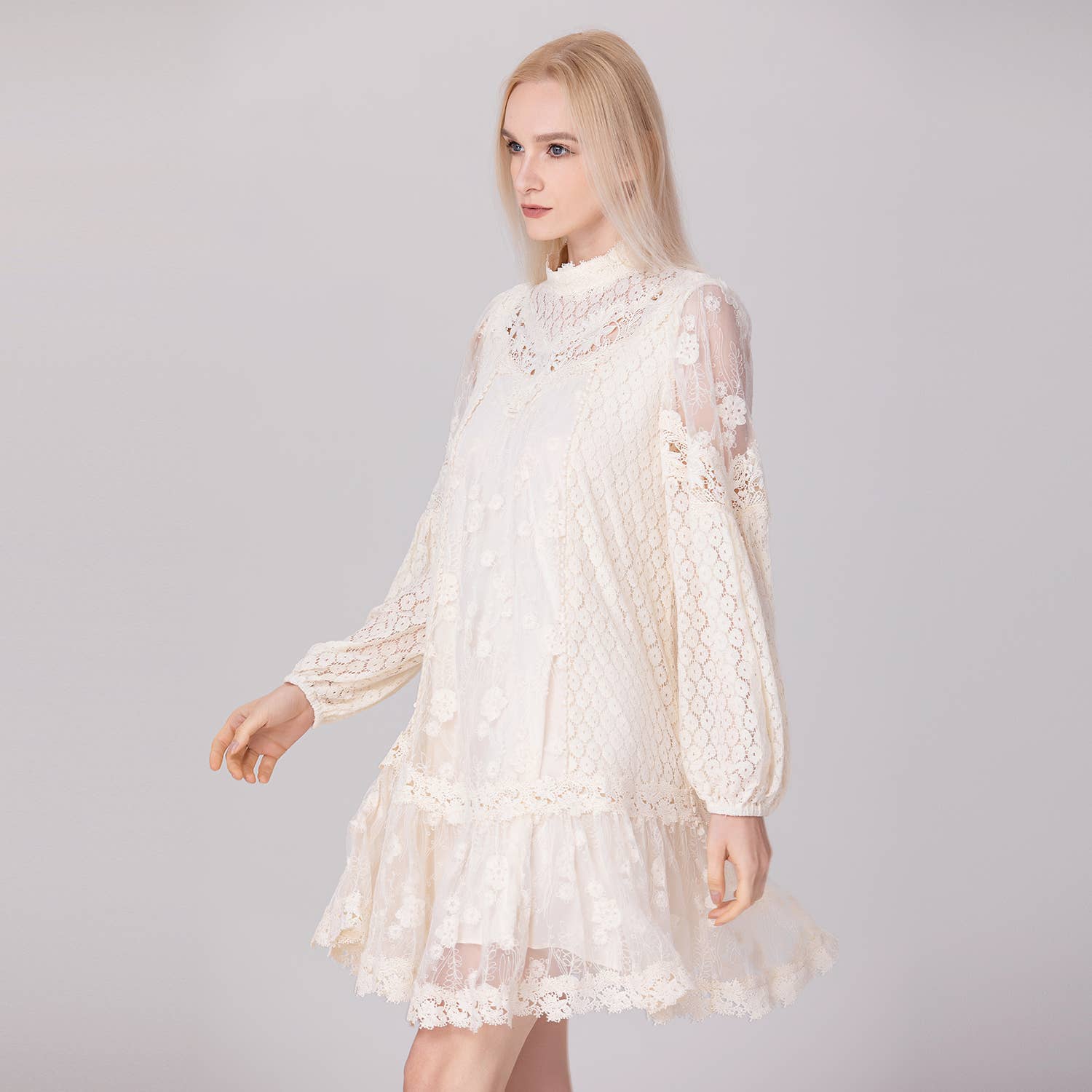 custard Multi-lace and tulle babydoll dress for wholesale on Faire2