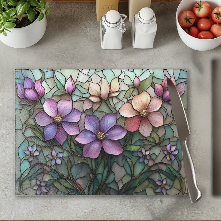 Planche à découper et à servir florale en verre trempé pour la vente par Fernville Creations