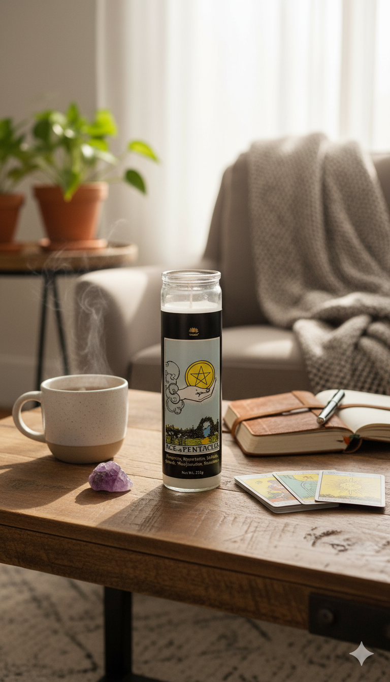 Vrinda - Wholesale Pillar Candle - Ace of Pentacles Tarot Candle2