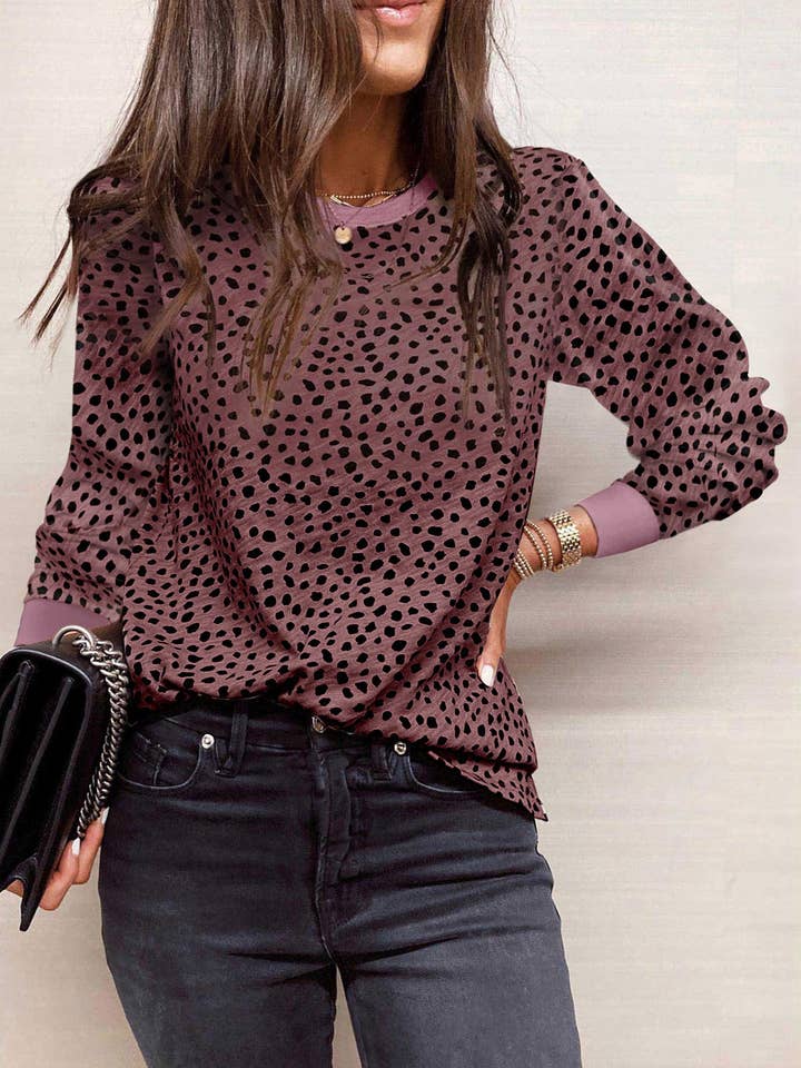 FULL TIME PURCHASE - Wholesale Blouse - Women's - Animal Spotted Print Round Neck Long Sleeve Top