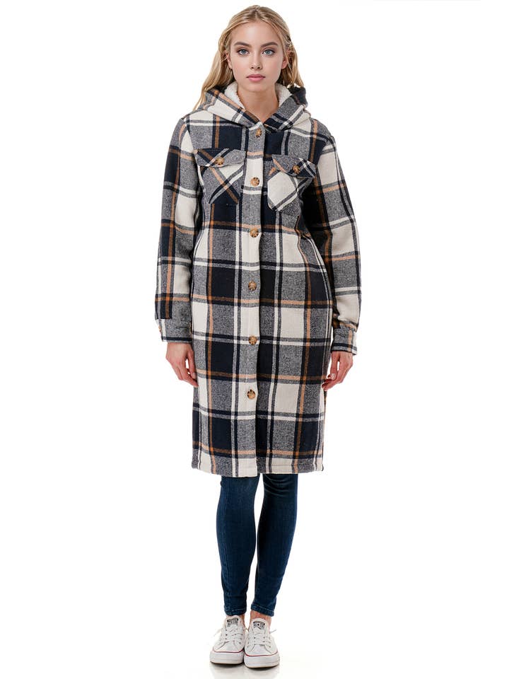 Color 5 - Wholesale Shirt Jacket/Shacket - Women's - Sherpa fur lined plaid flannel jacket with hoodie and pocket9