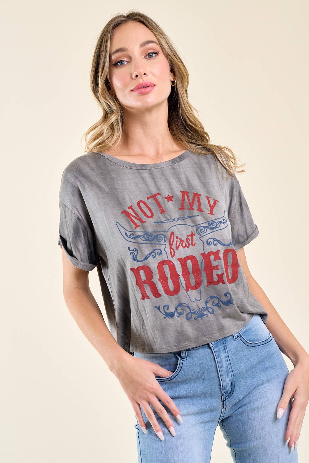 Saints & Hearts - Wholesale Screen Printed T-Shirt - Women's - ST3638K CHARCOAL NOT MY FIRST RODEO GRAPHIC TEE1