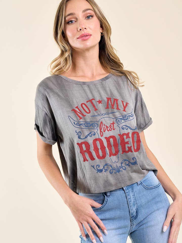 Saints & Hearts - Wholesale Screen Printed T-Shirt - Women's - ST3638K CHARCOAL NOT MY FIRST RODEO GRAPHIC TEE1
